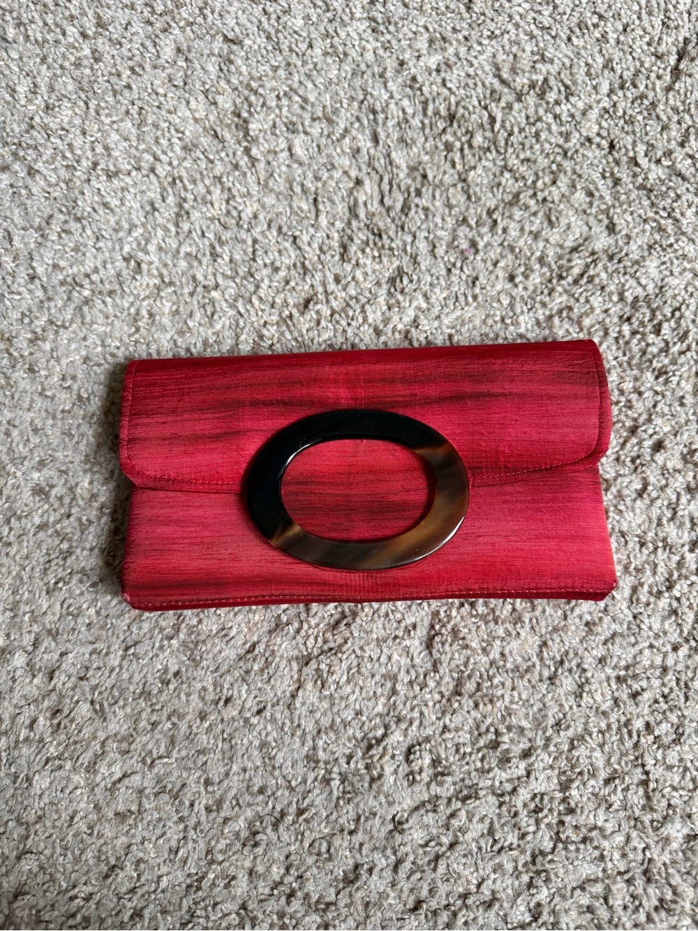 Red Satin Envelope Clutch with Statement Ring Accent